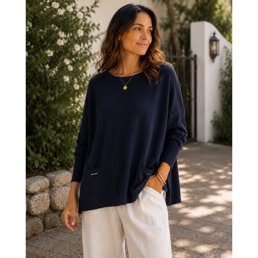Mer-Sea & Co Navy Blue Catalina Oversized Poncho Sweater Crew Neck  One Size